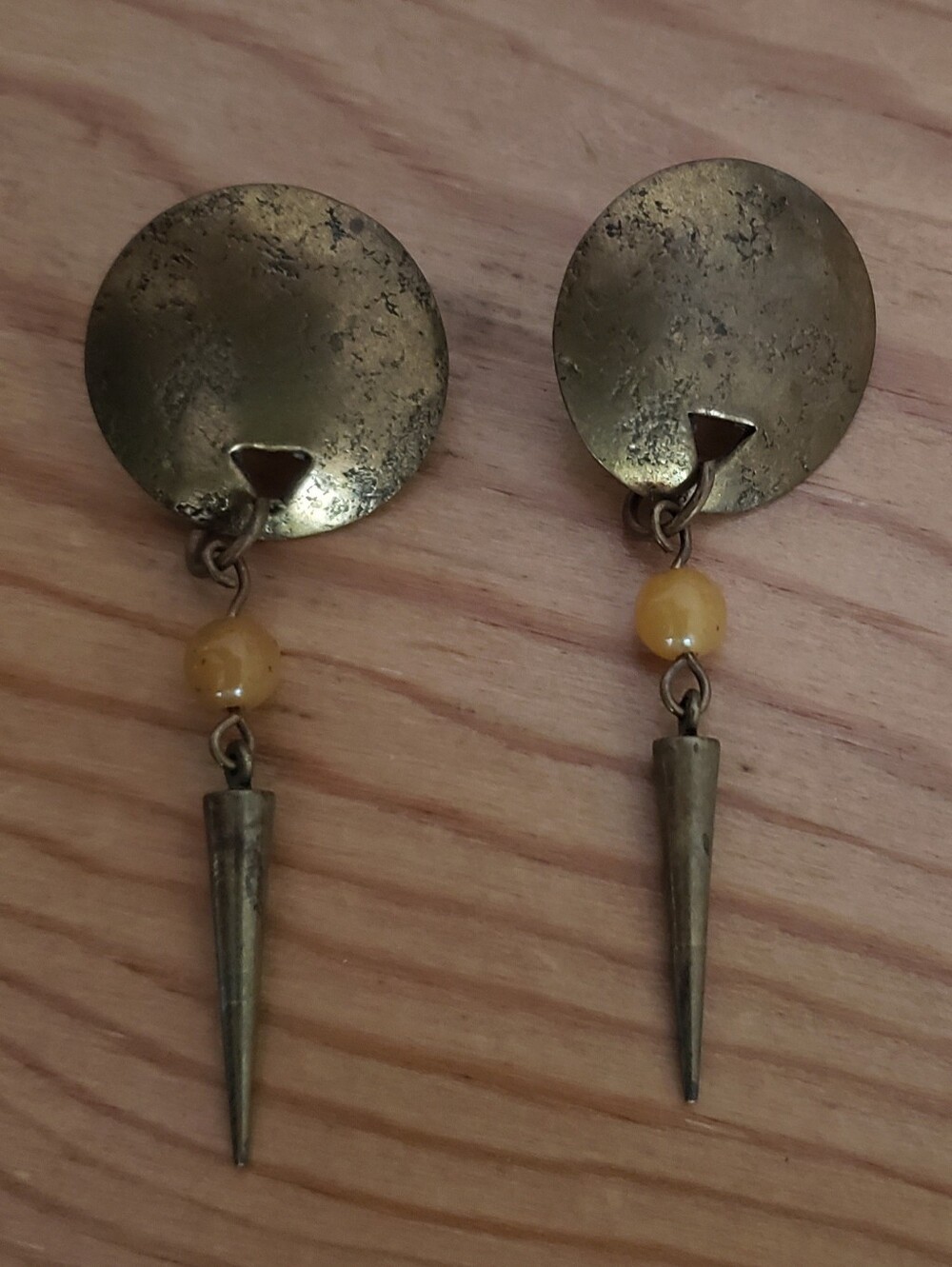 Marjorue Baer Brass Disc Drop Earrings with Amber Beads